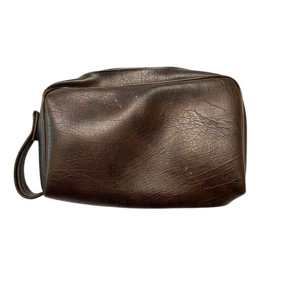 Brown Faux Leather Shaving Dopp Kit Travel Toiletry Bag Vintage Style Zip Case - Picture 2 of 11